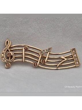 Music Notes Brooch Art Nouveau Style AB Vintage Gold & Silver Rhinestone